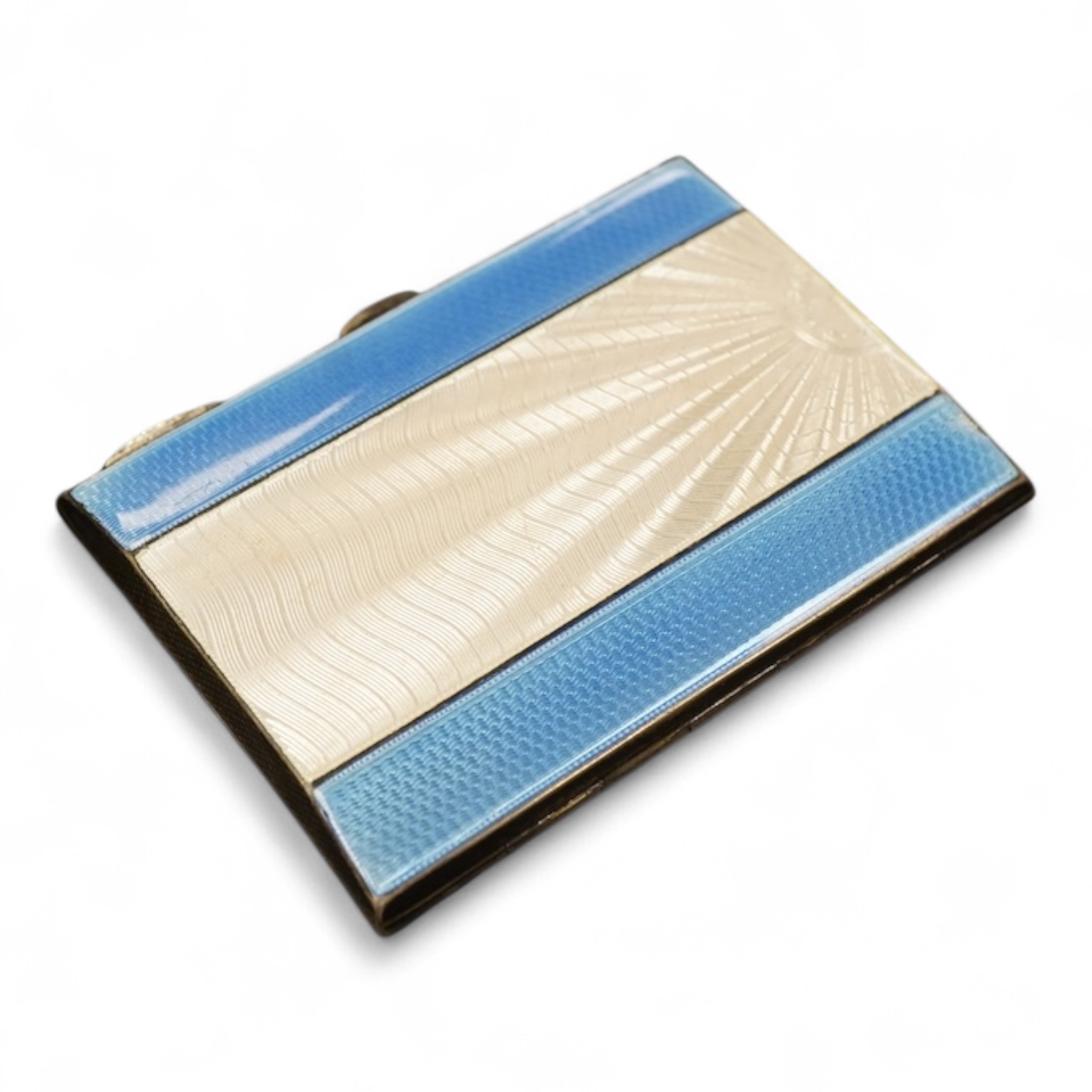 A George V Art Deco engine turned silver and guilloche enamel cigarette case length 8.2cm., weight approx. 3.24ozt